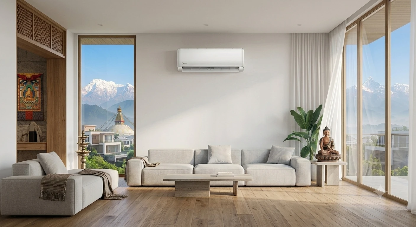 Living room with Kathmandu mountain view and a mounted Midea AC unit